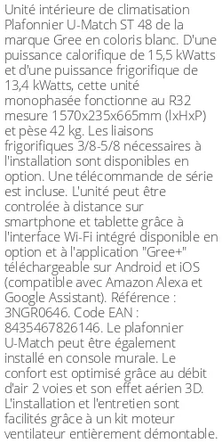 Plafonnier U-Match ST 48 - 15.5 kWatts - R32 - Gree - Réf : 3NGR0646