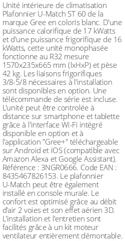 Plafonnier U-Match ST 60 - 17 kWatts - R32 - Gree - Réf : 3NGR0666