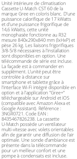 Cassette 4 voies U-Match CST 60 - 17 kWatts - R32 - Gree - Réf : 3NGR0721
