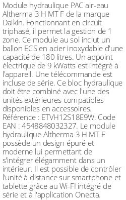 Module hydraulique Altherma 3 H MT F 1 zone 180 Litres Triphasé R32