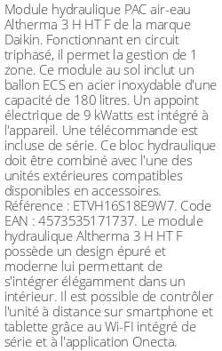Module hydraulique Altherma 3 H HT F 1 zone 180 Litres Triphasé R32