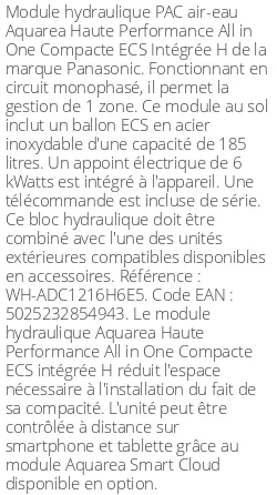 Module hydraulique Aquarea Haute Performance All in One Compacte ECS Intégrée H 185 Litres Monophasé R410