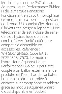Module hydraulique Aquarea Haute Performance Bi-bloc H 12 kWatts Monophasé R410