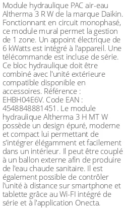 Module hydraulique Altherma 3 R W 5.38 kWatts Monophasé R32