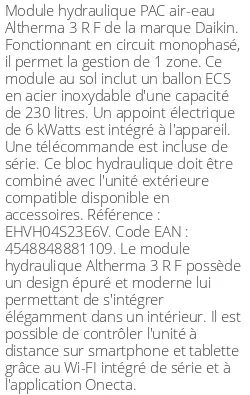 Module hydraulique Altherma 3 R F 1 zone 230 Litres Monophasé Compatible Taille 4 R32