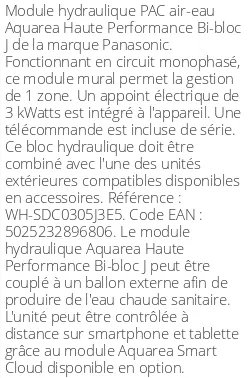 Module hydraulique Aquarea Haute Performance Bi-bloc J 3/5 kWatts Monophasé R32