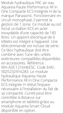 Module hydraulique Aquarea Haute Performance All in One Compacte ECS Intégrée H 12/14 kWatts Monophasé R410
