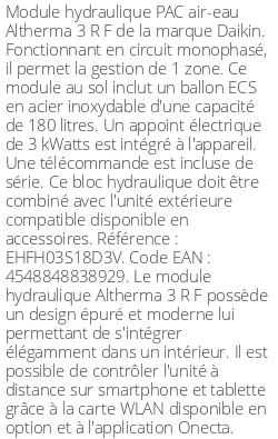 Module hydraulique Altherma 3 R F 1 zone 180 Litres Monophasé R32