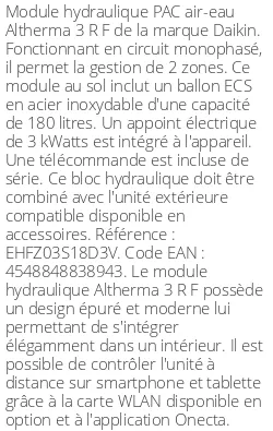 Module hydraulique Altherma 3 R F 2 zones 180 Litres Monophasé Compatible Taille 3,5 R32