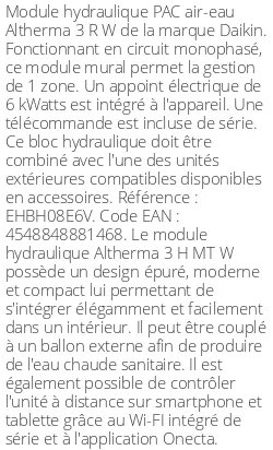 Module hydraulique Altherma 3 R W 6.25 kWatts Monophasé R32