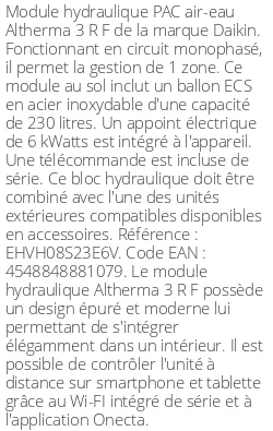 Module hydraulique Altherma 3 R F 1 zone 230 Litres Monophasé Compatible Taille 6-8 R32