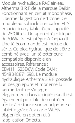 Module hydraulique Altherma 3 R F 1 zone 230 Litres Monophasé Compatible Taille 11 R32
