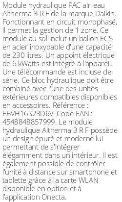 Module hydraulique Altherma 3 R F 1 zone 230 Litres Monophasé Compatible Taille 14-16 R32