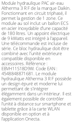 Module hydraulique Altherma 3 R F 1 zone 180 Litres Triphasé Compatible Taille 11 R32