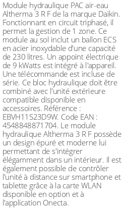 Module hydraulique Altherma 3 R F 1 zone 230 Litres Triphasé Compatible Taille 11 R32