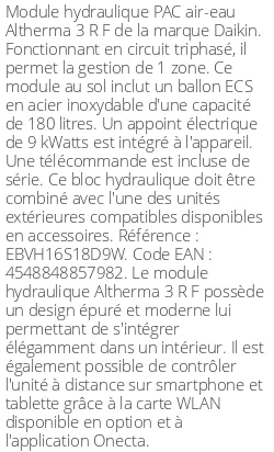 Module hydraulique Altherma 3 R F 1 zone 180 Litres Triphasé Compatible Taille 14-16 R32