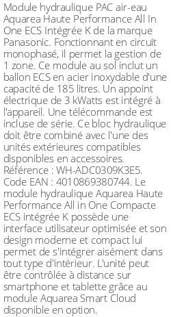 Module hydraulique Aquarea Haute Performance All In One ECS Intégrée K 1 zone Monophasé R32