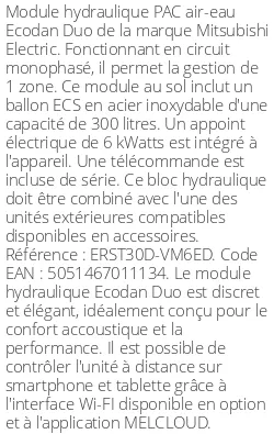 Module hydraulique Ecodan Duo 300 Litres Monophasé Génération D R32