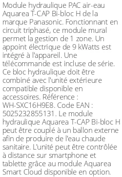 Module hydraulique Aquarea T-CAP Bi-bloc H 16 kWatts Triphasé R410