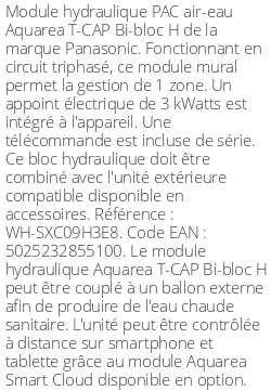Module hydraulique Aquarea T-CAP Bi-bloc H 9 kWatts Triphasé R410