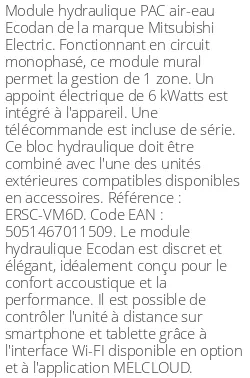 Module hydraulique Ecodan Monophasé Génération D R410