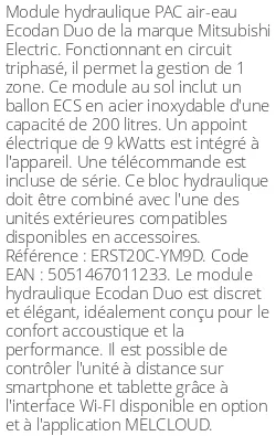 Module hydraulique Ecodan Duo 200 Litres Triphasé Génération D R410