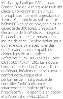 Module hydraulique Ecodan Duo 300 Litres Monophasé Génération D R410