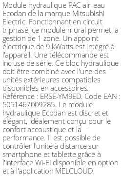 Module hydraulique Ecodan Triphasé Génération D ERSE R410