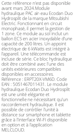Module hydraulique Ecodan Duo Hydrosplit 200 Litres Monophasé Génération D R32