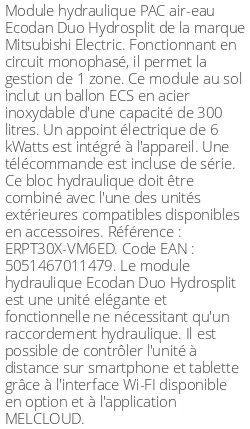 Module hydraulique Ecodan Duo Hydrosplit 300 Litres Monophasé Génération D R32