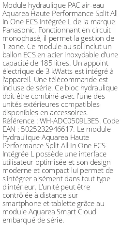 Module hydraulique Aquarea Haute Performance Split All In One ECS Intégrée L 1 zone Monophasé R290