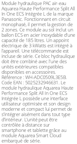 Module hydraulique Aquarea Haute Performance Split All In One ECS Intégrée L 2 zones Monophasé R290