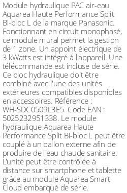 Module hydraulique Aquarea Haute Performance Split Bi-bloc L Monophasé R290