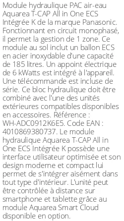 Module hydraulique Aquarea T-CAP All in One ECS Intégrée K Monophasé R32