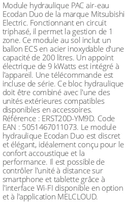 Module hydraulique Ecodan Duo 200 Litres Triphasé Génération D R32