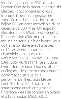 Module hydraulique Ecodan Duo 300 Litres Triphasé Génération D R32
