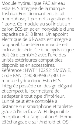 Module hydraulique Estia ECS Intégrée 11 kWatts Monophasé 1 zone R32