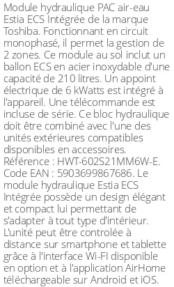 Module hydraulique Estia ECS Intégrée 4/6 kWatts 2 zones R32
