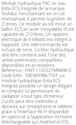 Module hydraulique Estia ECS Intégrée 11 kWatts Monophasé 2 zones R32