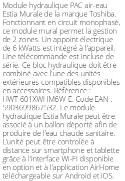 Module hydraulique Estia Murale 4/6 kWatts Monophasé R32