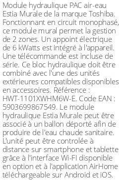 Module hydraulique Estia Murale 11 kWatts Monophasé R32