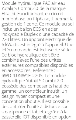 Module hydraulique Yutaki S Combi 2.0 11 kWatts 220 Litres R410