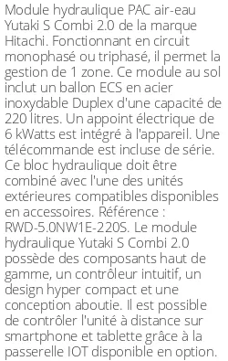 Module hydraulique Yutaki S Combi 2.0 14 kWatts 220 Litres R410