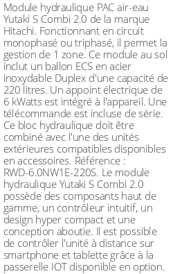 Module hydraulique Yutaki S Combi 2.0 16 kWatts 220 Litres R410