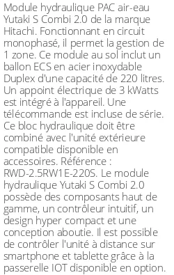 Module hydraulique Yutaki S Combi 2.0 6 kWatts 220 Litres R32