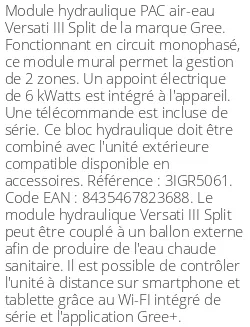 Module hydraulique Versati III Split 12 kWatts Monophasé R32