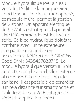 Module hydraulique Versati III Split 14 kWatts Monophasé R32