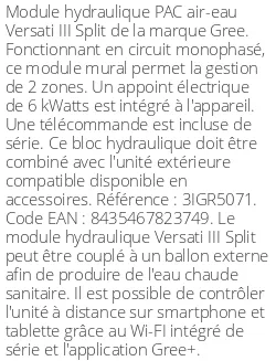 Module hydraulique Versati III Split 16 kWatts Monophasé R32