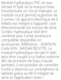 Module hydraulique Versati III Split 8 kWatts Triphasé R32