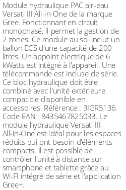 Module hydraulique Versati III All-in-One 12 kWatts 200 Litres Monophasé R32